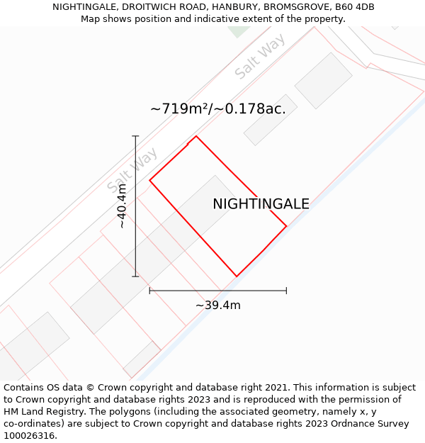 NIGHTINGALE, DROITWICH ROAD, HANBURY, BROMSGROVE, B60 4DB: Plot and title map