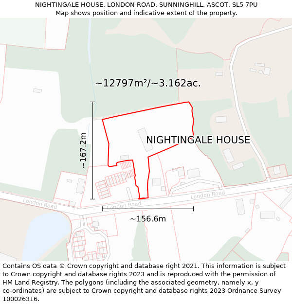 NIGHTINGALE HOUSE, LONDON ROAD, SUNNINGHILL, ASCOT, SL5 7PU: Plot and title map