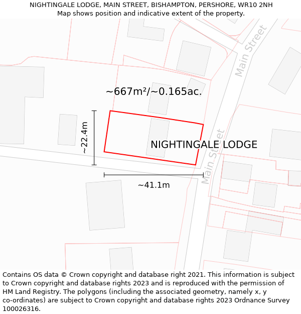 NIGHTINGALE LODGE, MAIN STREET, BISHAMPTON, PERSHORE, WR10 2NH: Plot and title map