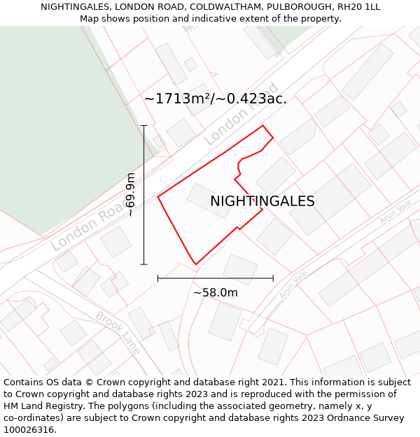 NIGHTINGALES, LONDON ROAD, COLDWALTHAM, PULBOROUGH, RH20 1LL: Plot and title map