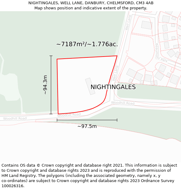 NIGHTINGALES, WELL LANE, DANBURY, CHELMSFORD, CM3 4AB: Plot and title map