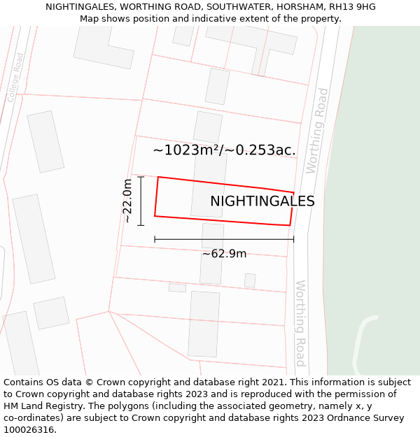NIGHTINGALES, WORTHING ROAD, SOUTHWATER, HORSHAM, RH13 9HG: Plot and title map