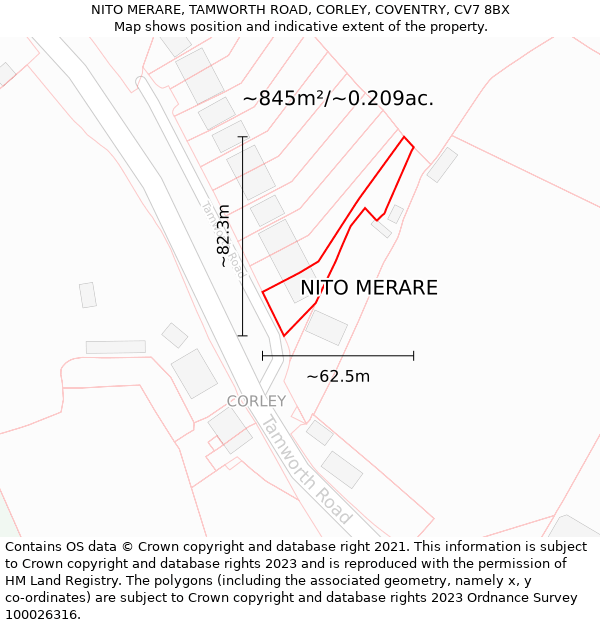 NITO MERARE, TAMWORTH ROAD, CORLEY, COVENTRY, CV7 8BX: Plot and title map