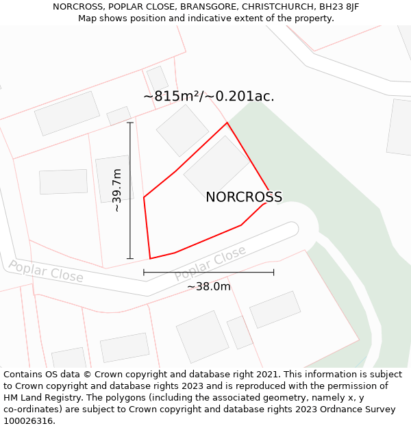 NORCROSS, POPLAR CLOSE, BRANSGORE, CHRISTCHURCH, BH23 8JF: Plot and title map