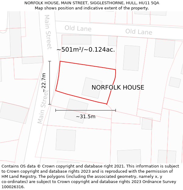 NORFOLK HOUSE, MAIN STREET, SIGGLESTHORNE, HULL, HU11 5QA: Plot and title map
