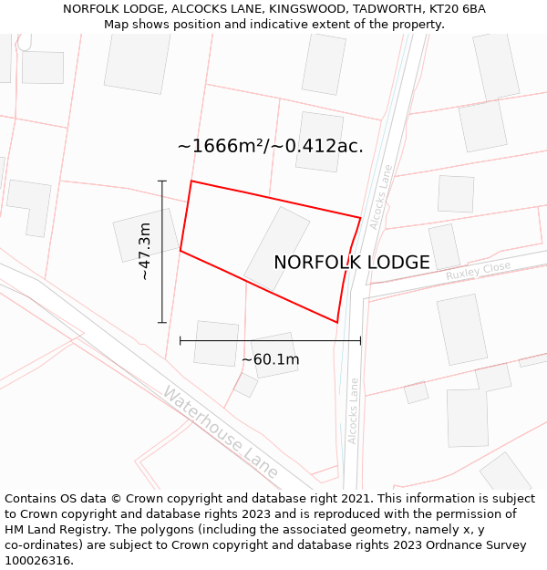 NORFOLK LODGE, ALCOCKS LANE, KINGSWOOD, TADWORTH, KT20 6BA: Plot and title map