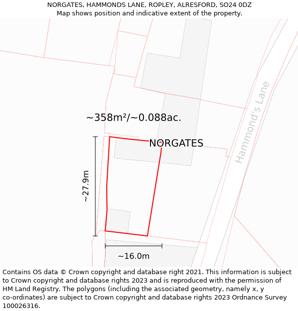 NORGATES, HAMMONDS LANE, ROPLEY, ALRESFORD, SO24 0DZ: Plot and title map