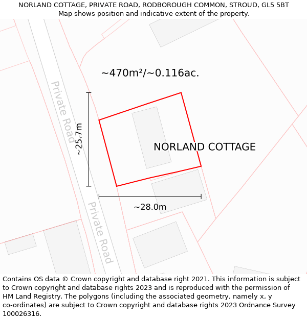 NORLAND COTTAGE, PRIVATE ROAD, RODBOROUGH COMMON, STROUD, GL5 5BT: Plot and title map