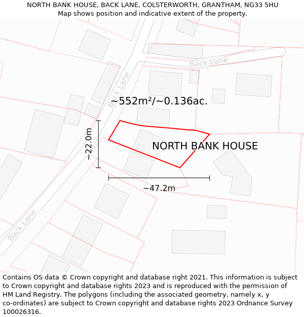 NORTH BANK HOUSE, BACK LANE, COLSTERWORTH, GRANTHAM, NG33 5HU: Plot and title map