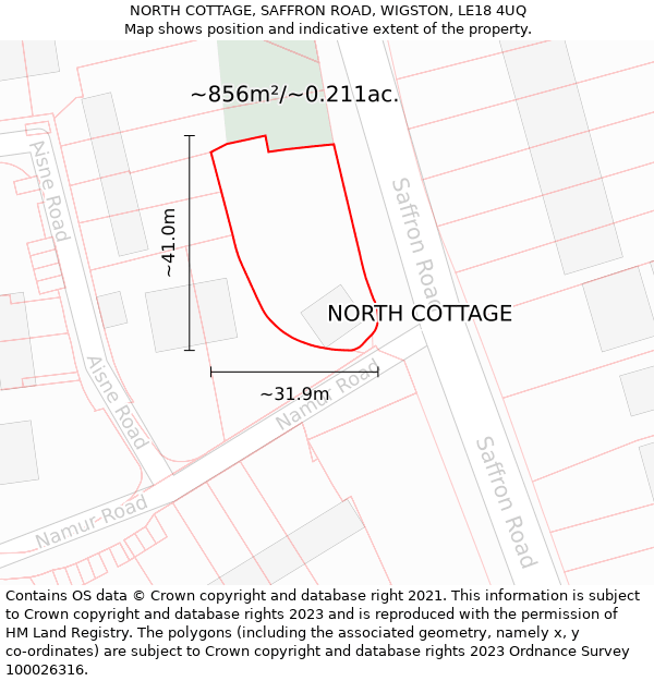 NORTH COTTAGE, SAFFRON ROAD, WIGSTON, LE18 4UQ: Plot and title map
