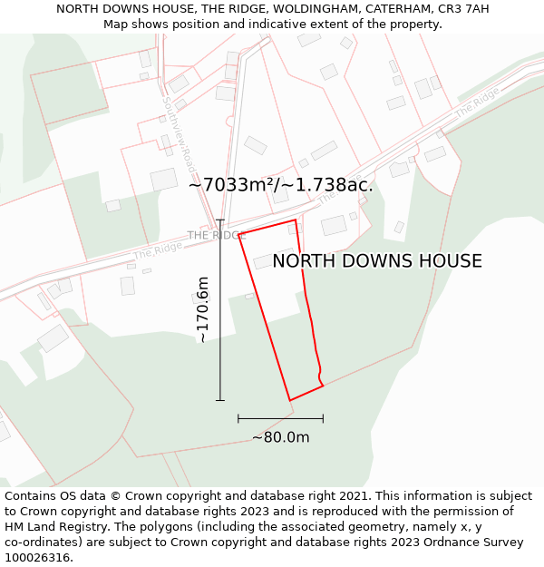 NORTH DOWNS HOUSE, THE RIDGE, WOLDINGHAM, CATERHAM, CR3 7AH: Plot and title map