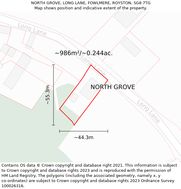 NORTH GROVE, LONG LANE, FOWLMERE, ROYSTON, SG8 7TG: Plot and title map