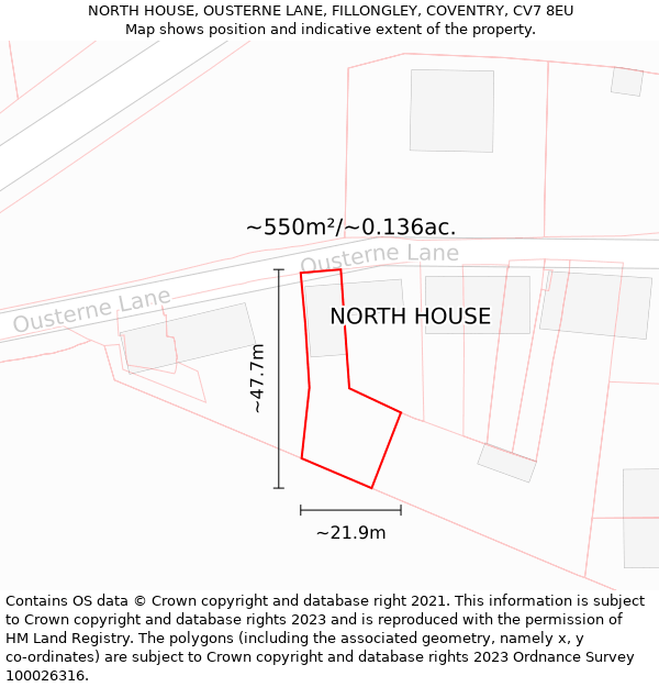 NORTH HOUSE, OUSTERNE LANE, FILLONGLEY, COVENTRY, CV7 8EU: Plot and title map