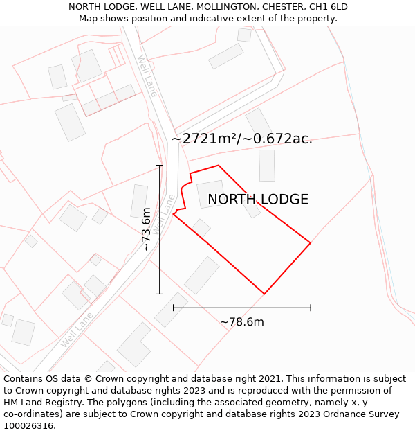 NORTH LODGE, WELL LANE, MOLLINGTON, CHESTER, CH1 6LD: Plot and title map