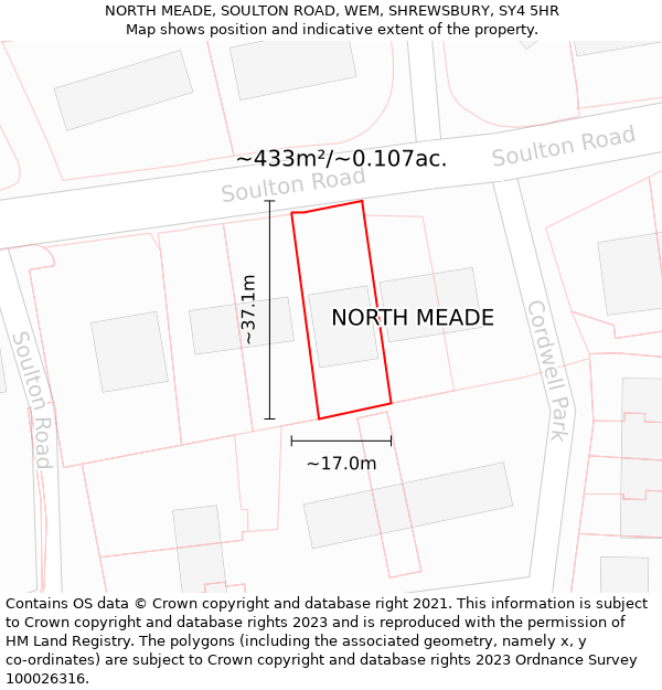 NORTH MEADE, SOULTON ROAD, WEM, SHREWSBURY, SY4 5HR: Plot and title map