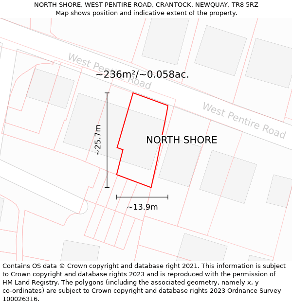 NORTH SHORE, WEST PENTIRE ROAD, CRANTOCK, NEWQUAY, TR8 5RZ: Plot and title map