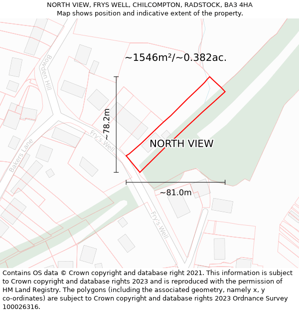 NORTH VIEW, FRYS WELL, CHILCOMPTON, RADSTOCK, BA3 4HA: Plot and title map