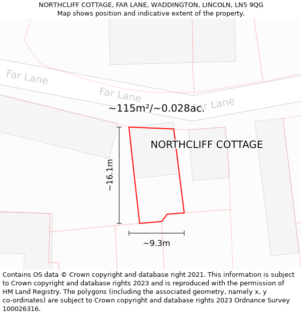 NORTHCLIFF COTTAGE, FAR LANE, WADDINGTON, LINCOLN, LN5 9QG: Plot and title map