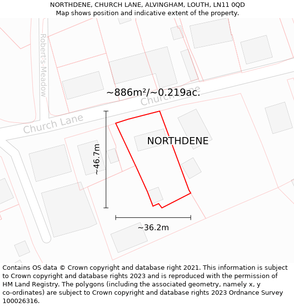 NORTHDENE, CHURCH LANE, ALVINGHAM, LOUTH, LN11 0QD: Plot and title map