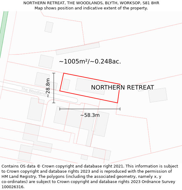 NORTHERN RETREAT, THE WOODLANDS, BLYTH, WORKSOP, S81 8HR: Plot and title map