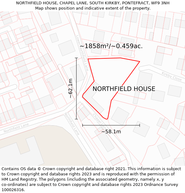 NORTHFIELD HOUSE, CHAPEL LANE, SOUTH KIRKBY, PONTEFRACT, WF9 3NH: Plot and title map