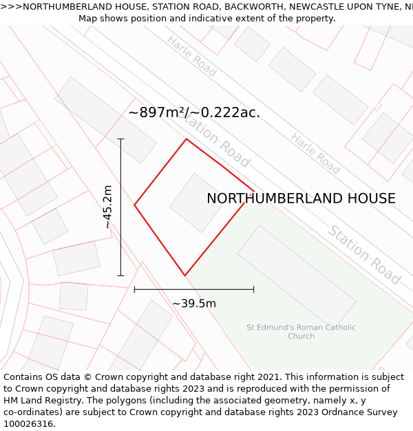 NORTHUMBERLAND HOUSE, STATION ROAD, BACKWORTH, NEWCASTLE UPON TYNE, NE27 0RU: Plot and title map