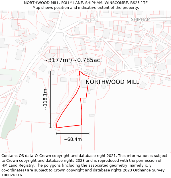NORTHWOOD MILL, FOLLY LANE, SHIPHAM, WINSCOMBE, BS25 1TE: Plot and title map