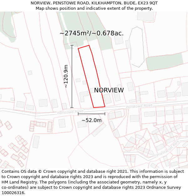 NORVIEW, PENSTOWE ROAD, KILKHAMPTON, BUDE, EX23 9QT: Plot and title map