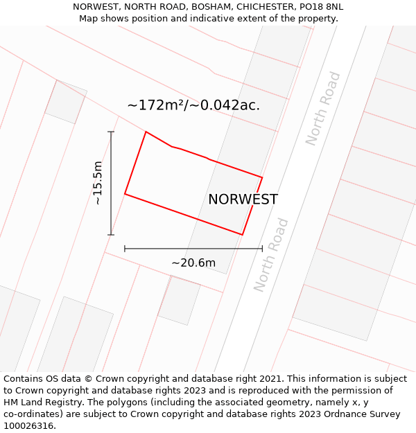 NORWEST, NORTH ROAD, BOSHAM, CHICHESTER, PO18 8NL: Plot and title map