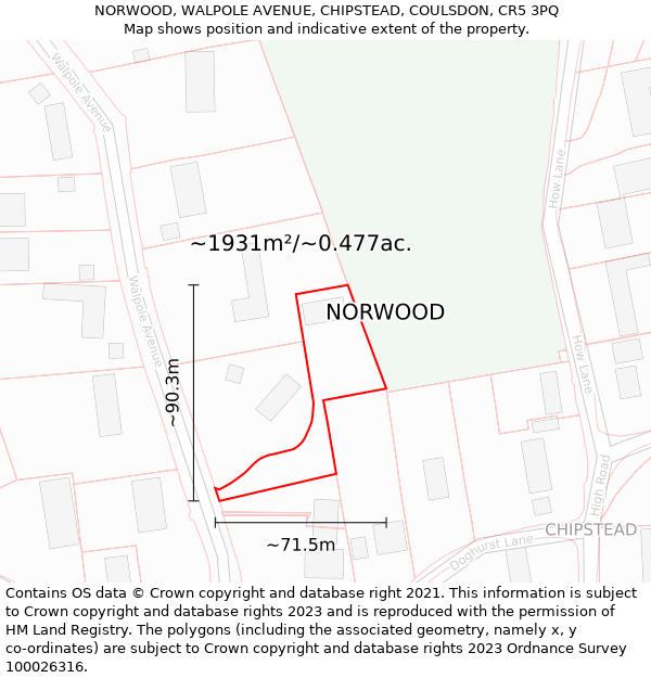 NORWOOD, WALPOLE AVENUE, CHIPSTEAD, COULSDON, CR5 3PQ: Plot and title map