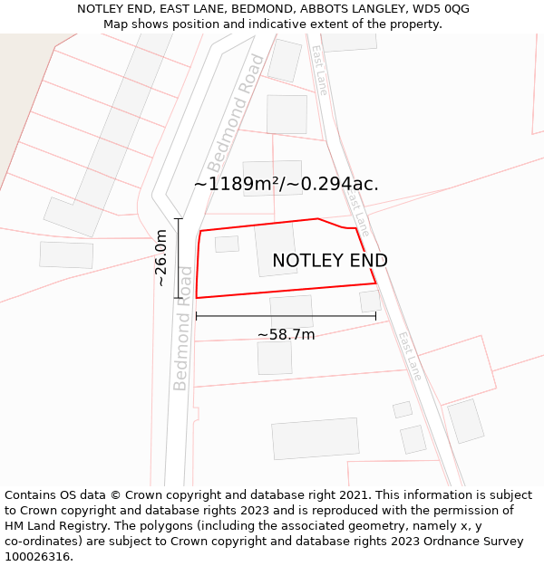 NOTLEY END, EAST LANE, BEDMOND, ABBOTS LANGLEY, WD5 0QG: Plot and title map
