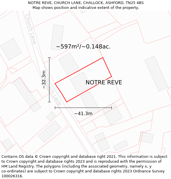 NOTRE REVE, CHURCH LANE, CHALLOCK, ASHFORD, TN25 4BS: Plot and title map