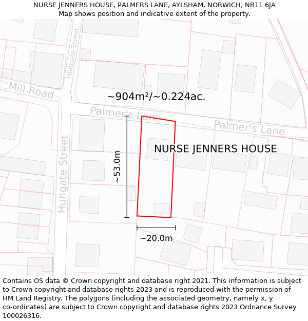 NURSE JENNERS HOUSE, PALMERS LANE, AYLSHAM, NORWICH, NR11 6JA: Plot and title map