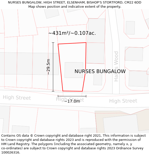 NURSES BUNGALOW, HIGH STREET, ELSENHAM, BISHOP'S STORTFORD, CM22 6DD: Plot and title map