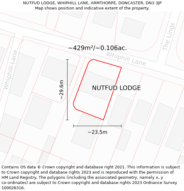 NUTFUD LODGE, WHIPHILL LANE, ARMTHORPE, DONCASTER, DN3 3JP: Plot and title map