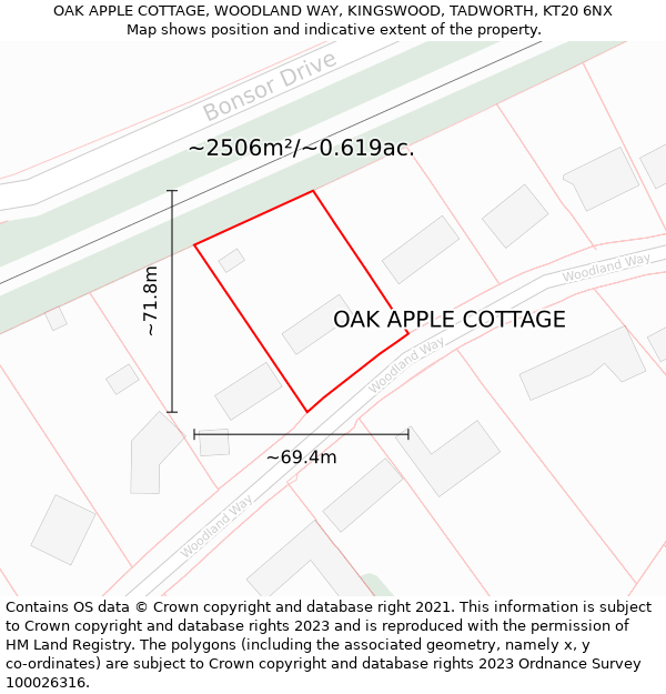 OAK APPLE COTTAGE, WOODLAND WAY, KINGSWOOD, TADWORTH, KT20 6NX: Plot and title map