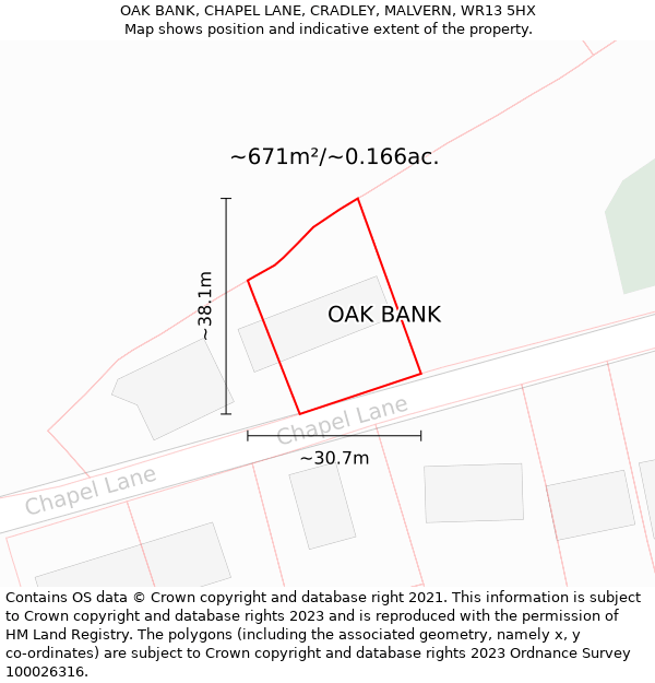 OAK BANK, CHAPEL LANE, CRADLEY, MALVERN, WR13 5HX: Plot and title map