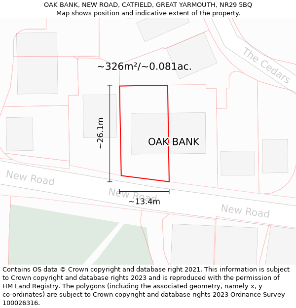 OAK BANK, NEW ROAD, CATFIELD, GREAT YARMOUTH, NR29 5BQ: Plot and title map