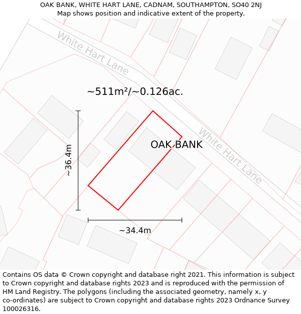 OAK BANK, WHITE HART LANE, CADNAM, SOUTHAMPTON, SO40 2NJ: Plot and title map