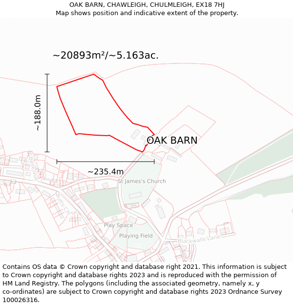 OAK BARN, CHAWLEIGH, CHULMLEIGH, EX18 7HJ: Plot and title map