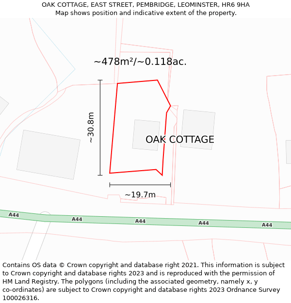 OAK COTTAGE, EAST STREET, PEMBRIDGE, LEOMINSTER, HR6 9HA: Plot and title map