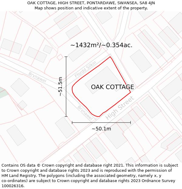 OAK COTTAGE, HIGH STREET, PONTARDAWE, SWANSEA, SA8 4JN: Plot and title map