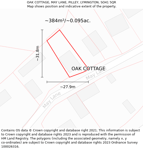 OAK COTTAGE, MAY LANE, PILLEY, LYMINGTON, SO41 5QR: Plot and title map