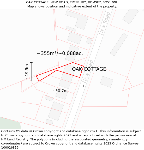 OAK COTTAGE, NEW ROAD, TIMSBURY, ROMSEY, SO51 0NL: Plot and title map