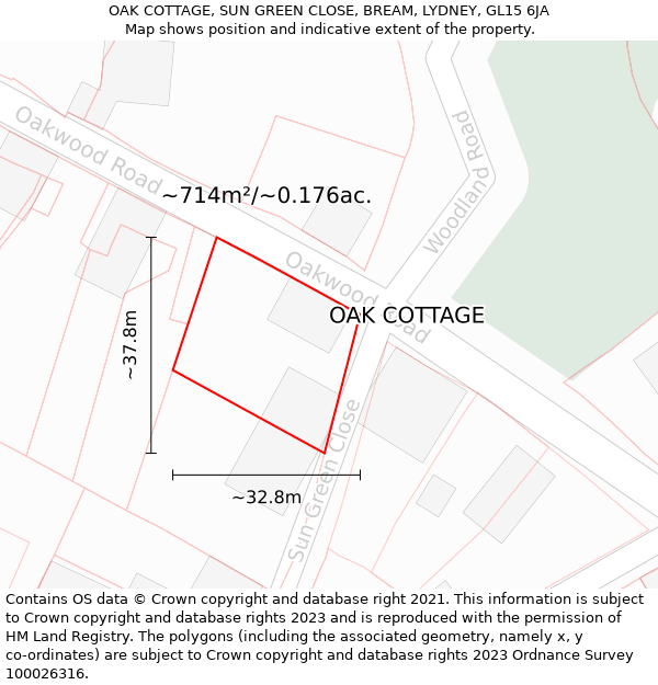 OAK COTTAGE, SUN GREEN CLOSE, BREAM, LYDNEY, GL15 6JA: Plot and title map