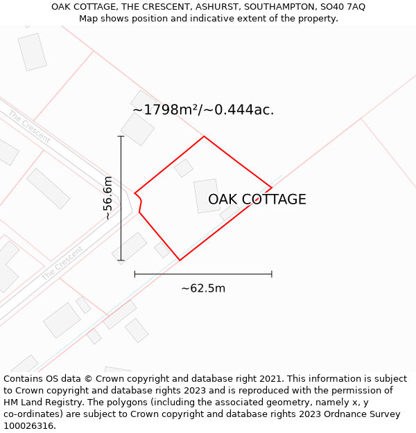 OAK COTTAGE, THE CRESCENT, ASHURST, SOUTHAMPTON, SO40 7AQ: Plot and title map