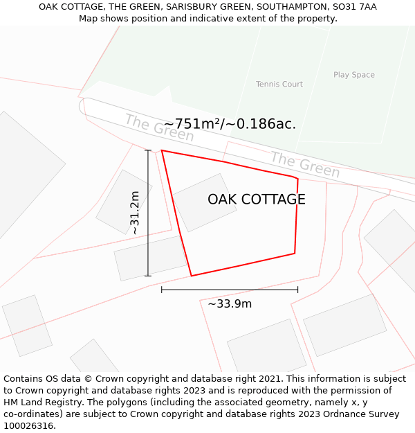 OAK COTTAGE, THE GREEN, SARISBURY GREEN, SOUTHAMPTON, SO31 7AA: Plot and title map