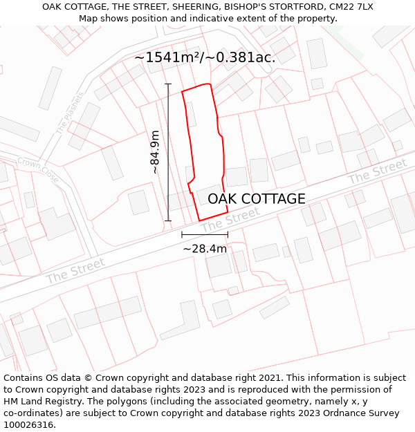 OAK COTTAGE, THE STREET, SHEERING, BISHOP'S STORTFORD, CM22 7LX: Plot and title map