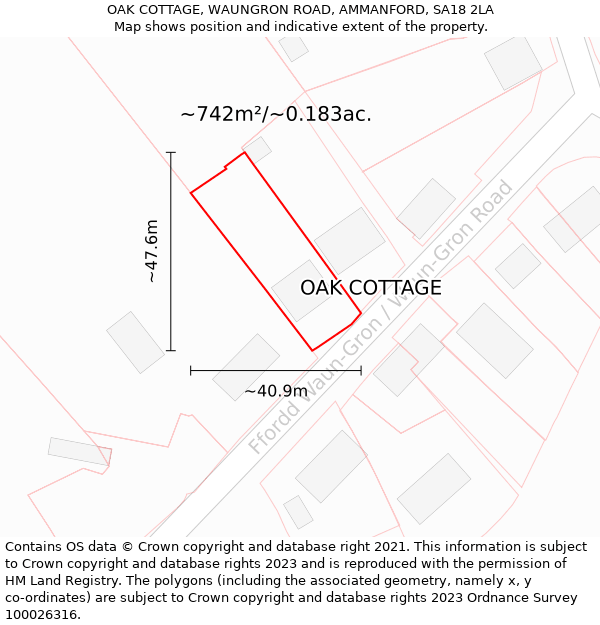 OAK COTTAGE, WAUNGRON ROAD, AMMANFORD, SA18 2LA: Plot and title map