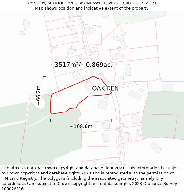 OAK FEN, SCHOOL LANE, BROMESWELL, WOODBRIDGE, IP12 2PX: Plot and title map